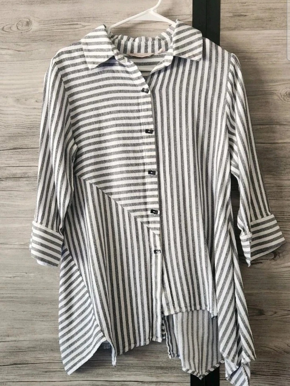Soft Surroundings Striped Button Down Shirt- White & Gray